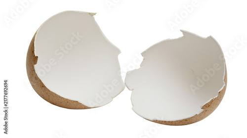 Konstfotografi Isolated empty broken chicken eggshell halves, natural food ingredient, delicate studio shot