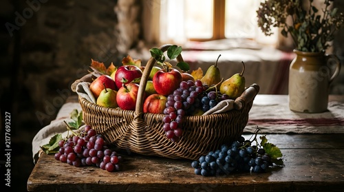 Rustic wicker basket filled with fresh autumn harvest fruits