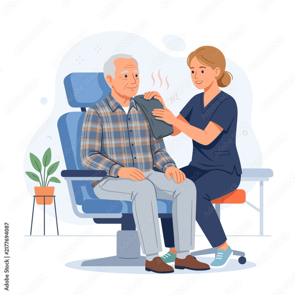 Fototapeta premium Nurse Applying Hot Pack to Senior Patient's Shoulder for Pain Relief - Vector Illustration