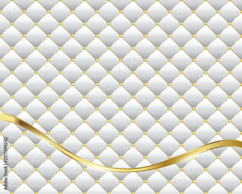 White diamond shape upholstery luxury background with golden buttons border with golden ribbon