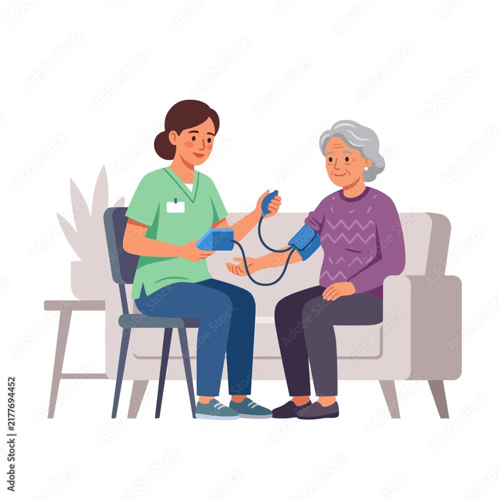 Fototapeta premium Nurse taking an elderly woman's blood pressure at home, healthcare concept illustration