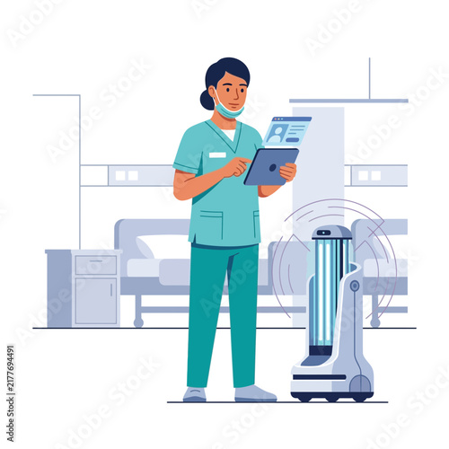 Nurse Using Tablet to Control UV Disinfection Robot in Hospital Room