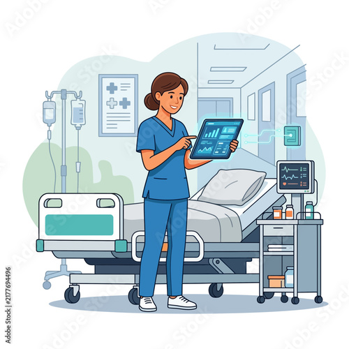 Nurse using futuristic tablet in hospital room with advanced technology and patient bed