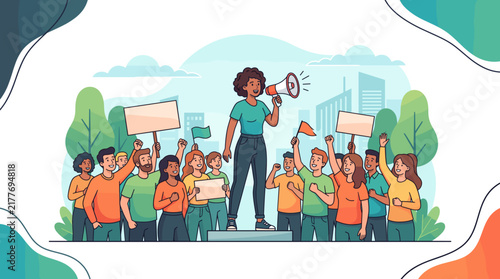 Diverse group of people protesting with signs and flags led by a woman with a megaphone