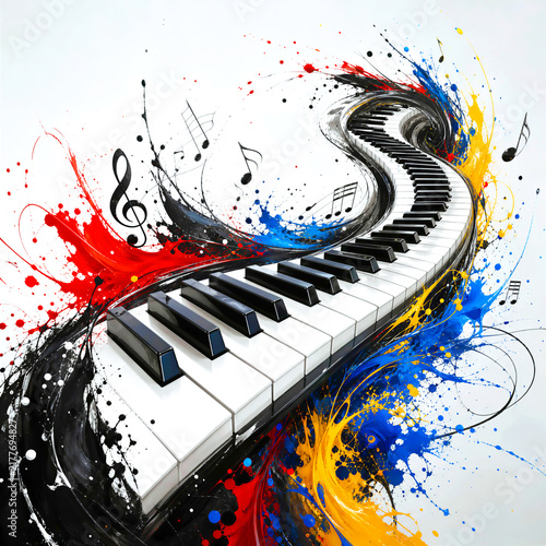 Creative Piano Keyboard with Colorful Paint Splashes and Musical Notes.