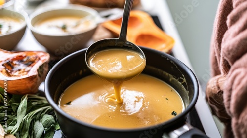Ladle pouring creamy soup into pot beside serving bowls, harvest meal preparation and seasonal comfort food concept