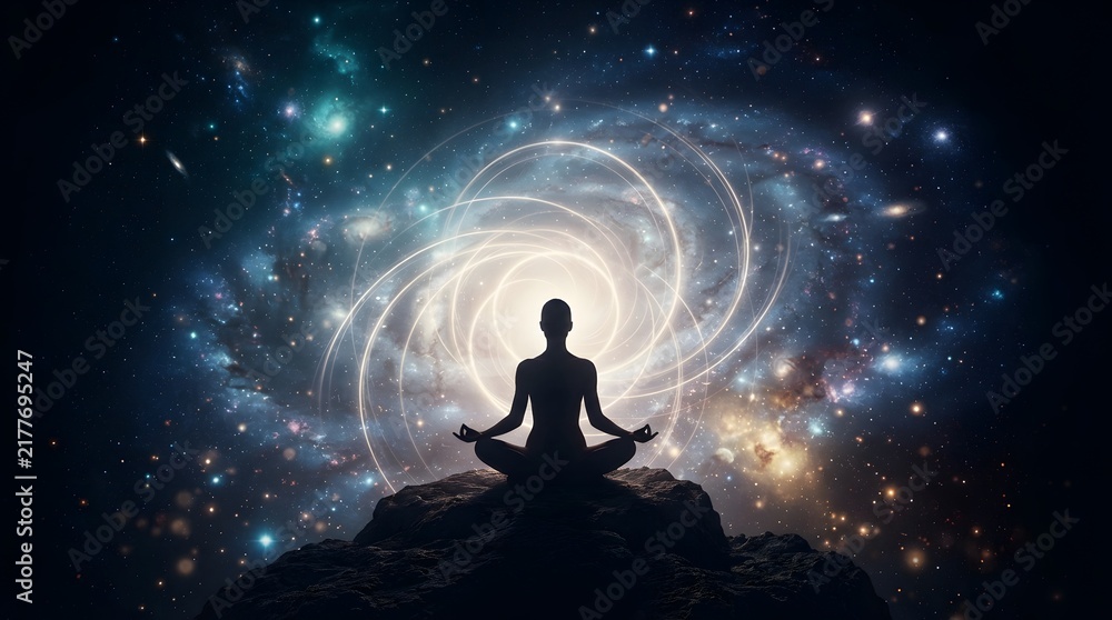 Fototapeta premium Cosmic meditation scene featuring silhouetted person sitting peacefully against colorful galaxy stars and celestial universe