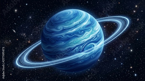 Cosmic Rings: A stunning, gas giant planet with swirling blue bands and illuminated rings orbits in the vast expanse of a star-filled galaxy, evoking a sense of wonder and the infinite universe.
