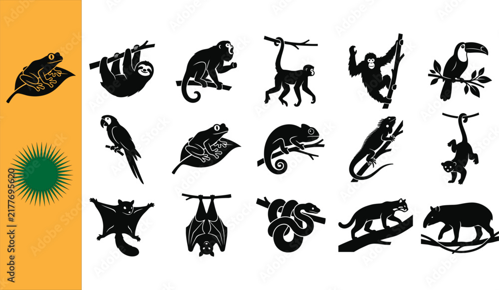 Fototapeta premium Collection of fifteen black rainforest arboreal animal silhouettes featuring frogs sloth monkeys orangutan toucan parrot chameleon iguana lemur flying squirrel bats snake cougar tapir banner