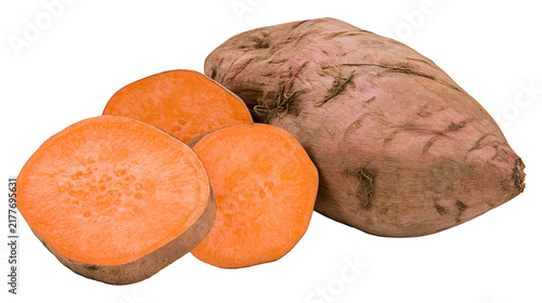 Quadro su tela Isolated fresh raw sweet potatoes, one whole root vegetable and three bright orange slices