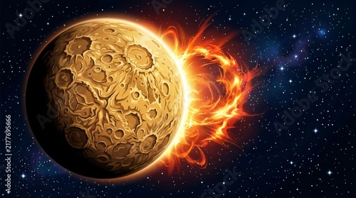 Cosmic Collision: A stylized depiction of a fiery celestial body, perhaps a planet or moon, engulfed in flames against a backdrop of stars, evoking a sense of cosmic drama and powerful forces.