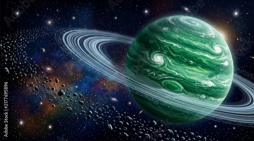 A Ringed Emerald Planet: A striking green planet adorned with luminous rings orbits through the vast expanse of space, surrounded by a celestial spectacle of stars and asteroids.