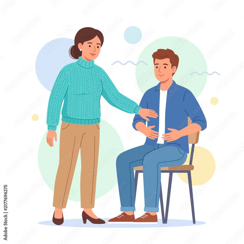 Obraz premium Therapist guides patient through breathing exercise, promoting relaxation and well-being. Modern flat illustration.