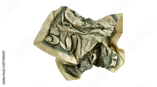 Isolated crumpled fifty dollar bill, symbol of economic crisis or financial problems.