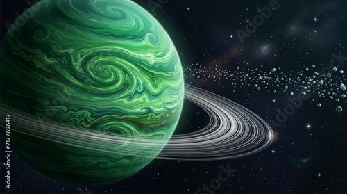 Alien World's Emerald Rings: A visually stunning depiction of a vibrant green planet adorned with majestic rings, set against the backdrop of a star-studded cosmos, evoking wonder and mystery.