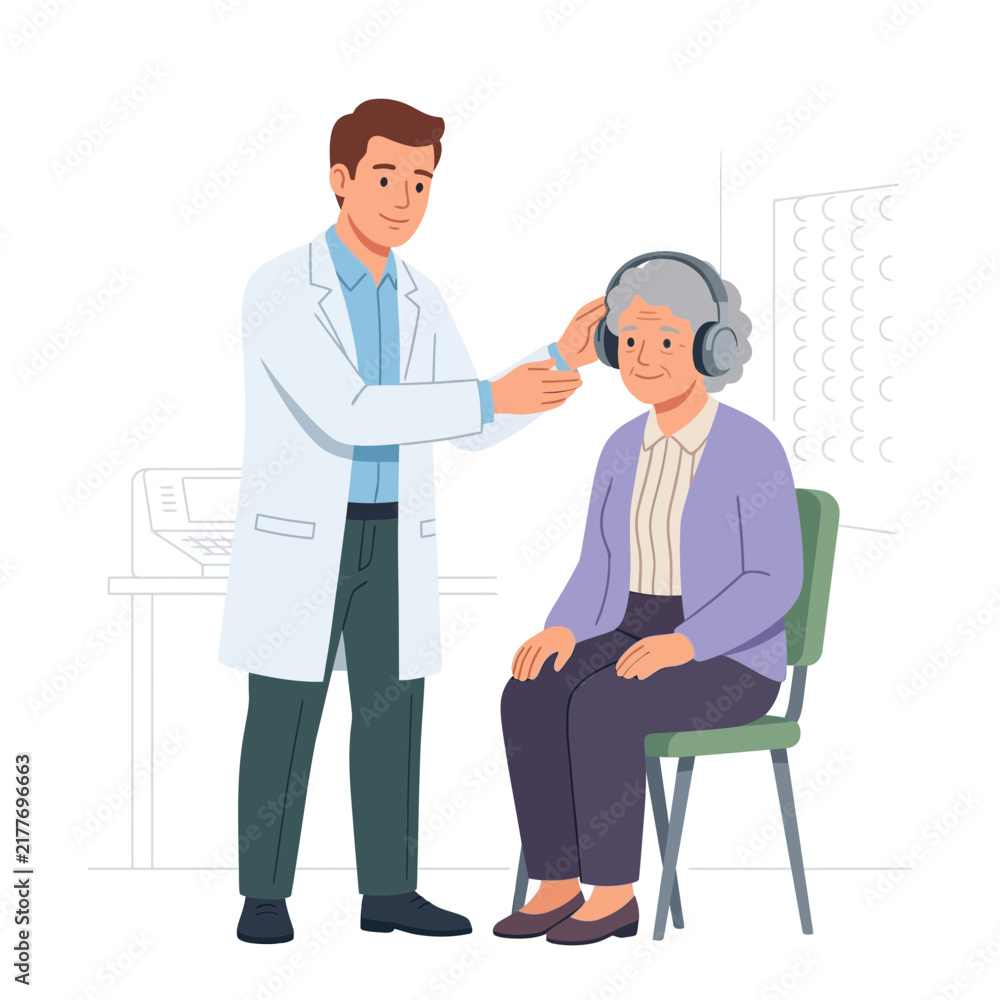 Fototapeta premium Audiologist Performing Hearing Test on Elderly Woman with Headphones in Clinic