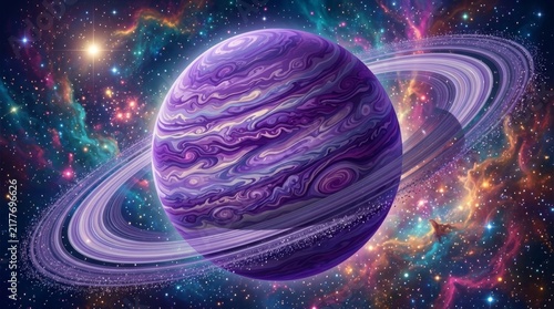 Cosmic Ballet: A vibrant, ringed planet glows with swirling purple clouds, set against a breathtaking backdrop of distant nebulae and stardust, evoking wonder and the vastness of the universe.