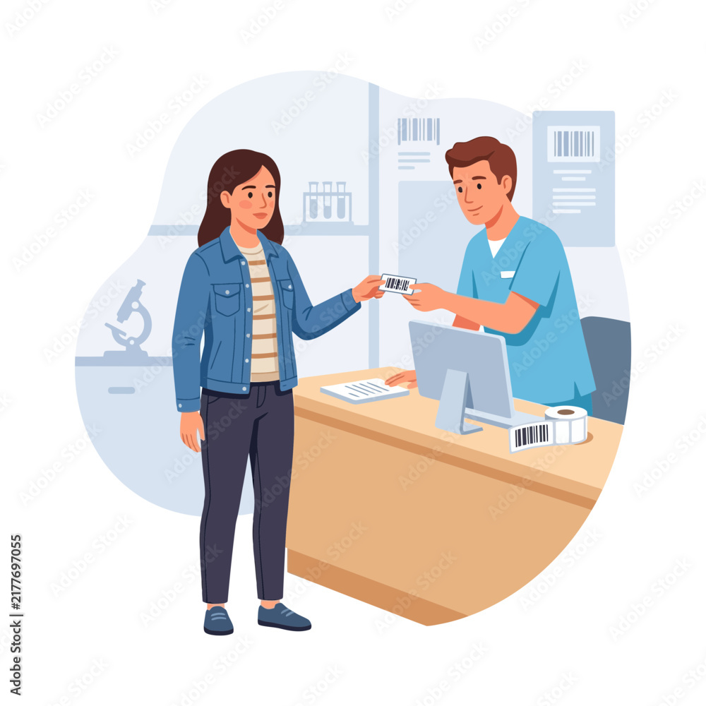 Fototapeta premium Customer receives barcode label from technician at counter, pharmacy or lab setting