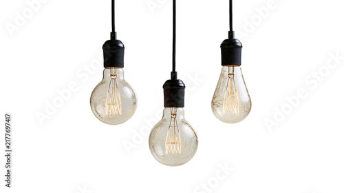 Fotografie Isolated three decorative vintage Edison style light bulbs with glowing filament