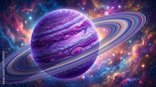 Cosmic Wonder: A swirling purple planet, adorned with intricate rings, floats majestically amidst a vibrant nebula filled with twinkling stars and cosmic dust.