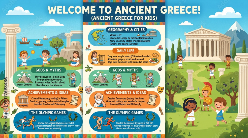 Fototapeta premium Ancient Greece Educational Infographic Poster for Kids with Cartoon Illustrations