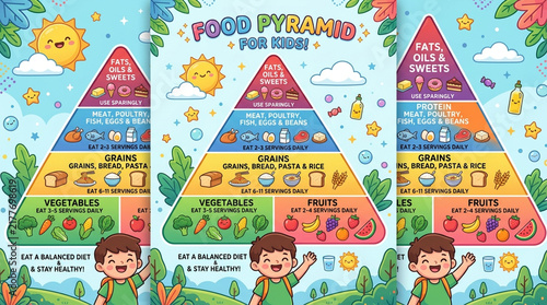 Colorful Educational Food Pyramid for Kids Illustration with Healthy Eating Habits and Nutrition Guide