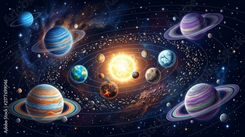 Solar System Celestial Bodies: An artistic depiction of our solar system showcasing the sun at its center, surrounded by various planets with rings and moons.