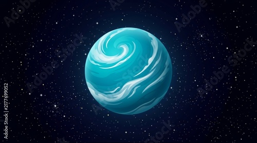 Cosmic Swirl Planet: A mesmerizing turquoise and white gas giant planet drifts through the starry expanse of outer space, its swirling clouds evoking a sense of wonder and cosmic mystery.