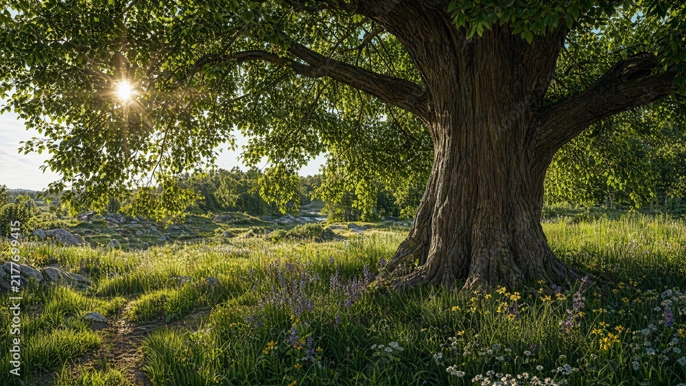 Fototapeta premium Majestic Ancient Oak Tree Sunlight Forest Canopy Natural Lighting Scenic Nature