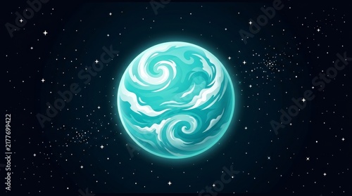 Exoplanet's Azure Embrace: A stylized, vibrant blue planet with swirling white clouds floats serenely in the cosmic expanse, dotted with distant stars. An artistic representation of a distant world.