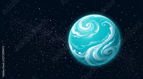 Exoplanet in Cosmic Embrace: A vibrant, turquoise exoplanet with swirling clouds drifts serenely through the vast expanse of space, adorned with a backdrop of countless distant stars.