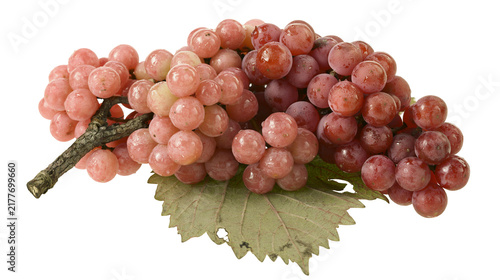 Konstfotografi Isolated fresh red and pink grapes bunch with a green leaf and woody stem, healt