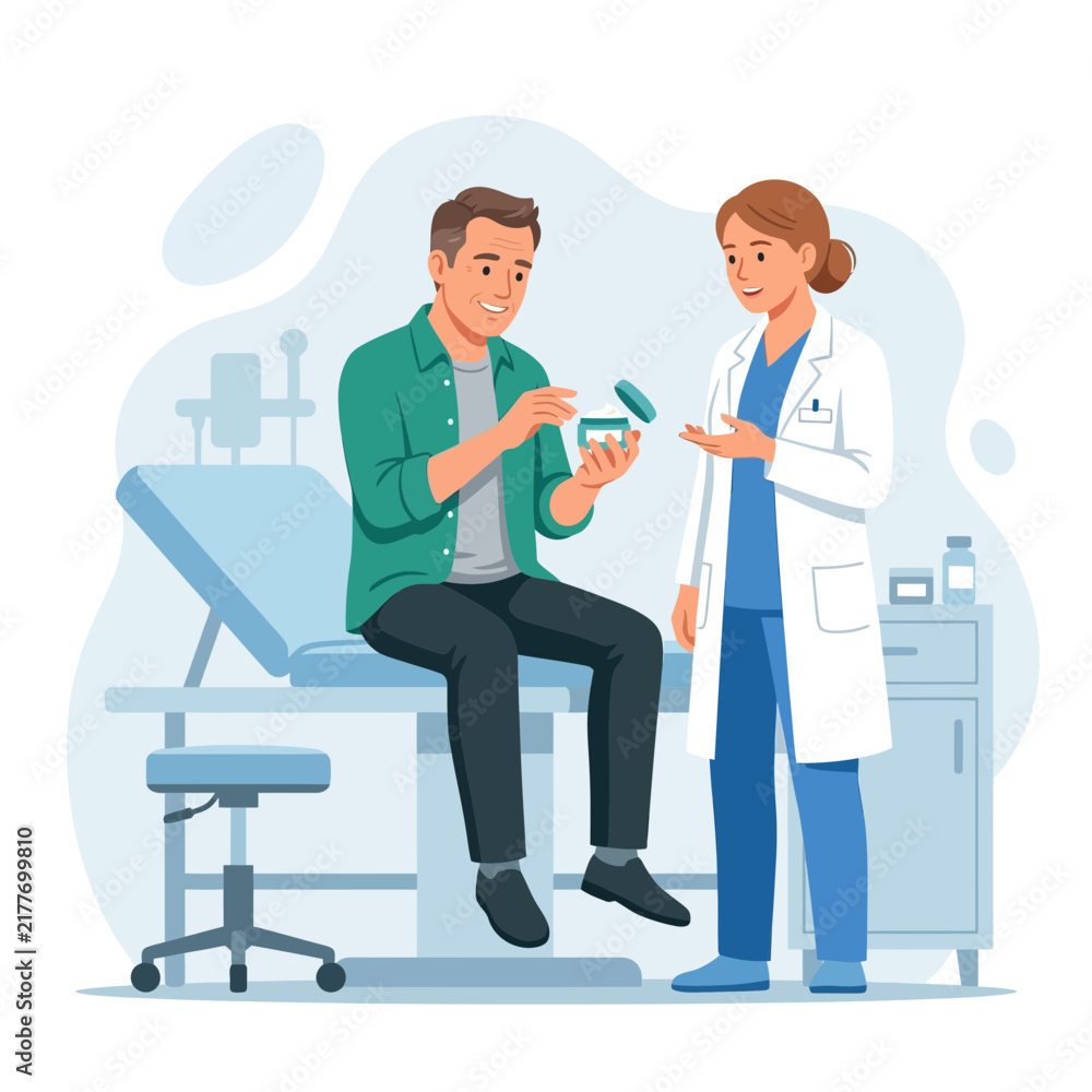 Fototapeta premium Doctor Consults Patient About Medication in Clinic Examination Room, Health Care Concept