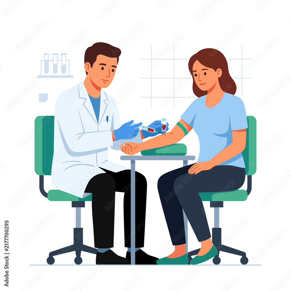 Fototapeta premium Doctor Performing Blood Draw on Patient in Medical Setting, Vector Illustration