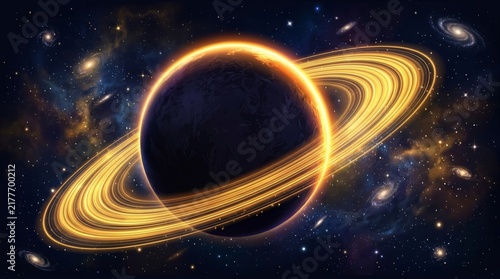 Saturn's Glowing Rings in Cosmic Nebula: A stylized, glowing ringed planet, reminiscent of Saturn, is depicted against a backdrop of a vibrant cosmic nebula and distant galaxies.