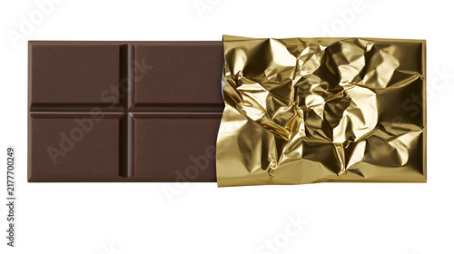 Quadro su tela Isolated dark chocolate bar partially unwrapped in gleaming golden foil, delicio