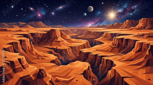Martian Landscape: A breathtaking vista of a vast Martian canyon under a star-studded cosmos, with rocky formations casting long shadows and distant planets glowing in the alien sky.
