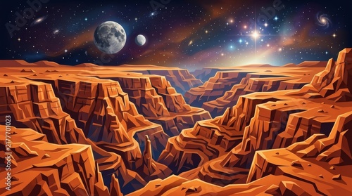 Martian Grand Canyon: A breathtaking vista of a colossal canyon system reminiscent of Earth's Grand Canyon, set against a vibrant cosmic backdrop with two moons and a star-filled sky.