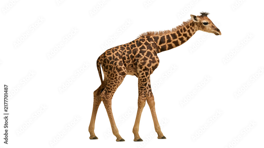 Obraz premium Isolated young giraffe calf standing gracefully, a beautiful and gentle wild animal with brown spots