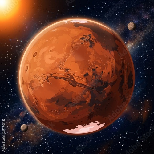 Mars: The Red Planet in Space. A realistic illustration of the planet Mars, illuminated by the sun, with its two moons Phobos and Deimos visible in the starry expanse of the solar system.