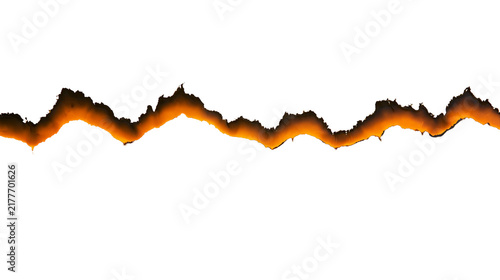 Isolated burning paper border with vibrant orange glow and dark brown charred texture