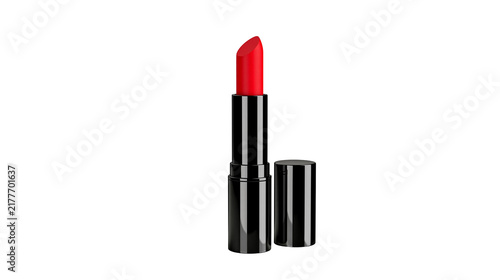 Foto Isolated red lipstick in black container with separate cap for makeup and beauty
