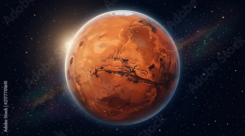 Mars, the Red Planet, glows in the vast expanse of space, its rusty surface illuminated by the distant sun. A celestial body, a planet, in the cosmos, awaiting exploration.