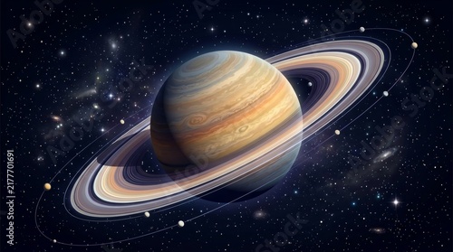 Saturn and its Rings: A breathtaking view of the gas giant Saturn, adorned with its iconic, multi-colored rings, floats serenely in the vast expanse of the cosmos.
