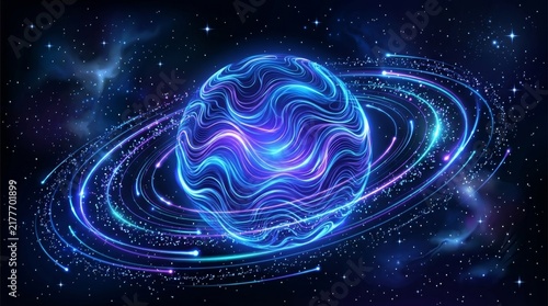 Cosmic Swirl Nebula: A mesmerizing blue and purple nebula swirls with cosmic energy, forming a celestial sphere with glowing rings of stardust, set against the backdrop of a star-filled galaxy.