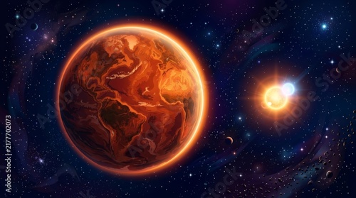 Alien Planet and Binary Stars: A fiery, alien planet with swirling clouds orbits a star system of two intensely bright binary stars in a vibrant, cosmic nebula.
