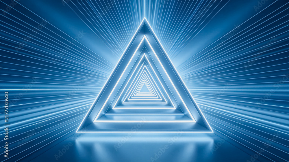 Fototapeta premium A 3D rendered futuristic tunnel of glowing neon triangles extending into a deep digital space, with radiating light lines creating a sense of infinite depth.