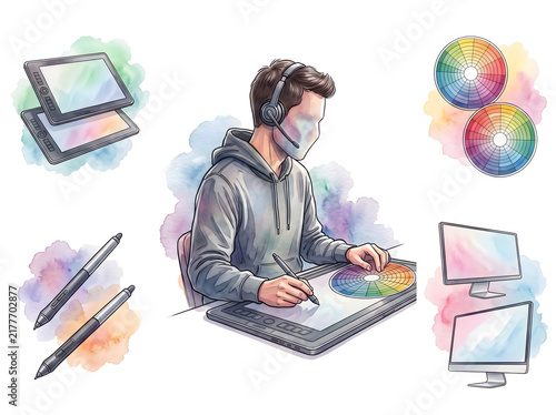 Young Designer Working on Digital Tablet with Color Wheel and Stylus