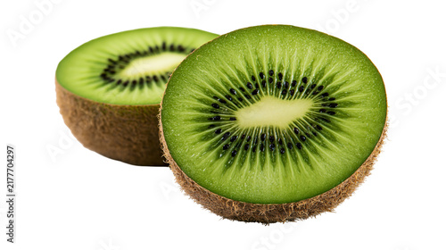 Принти на полотні Isolated vibrant fresh green kiwi fruit halves, juicy delicious exotic healthy f