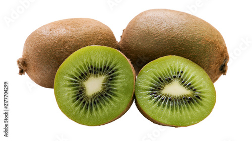 Bild auf Leinwand Isolated fresh whole and two halved kiwi fruit showing vibrant green pulp and bl